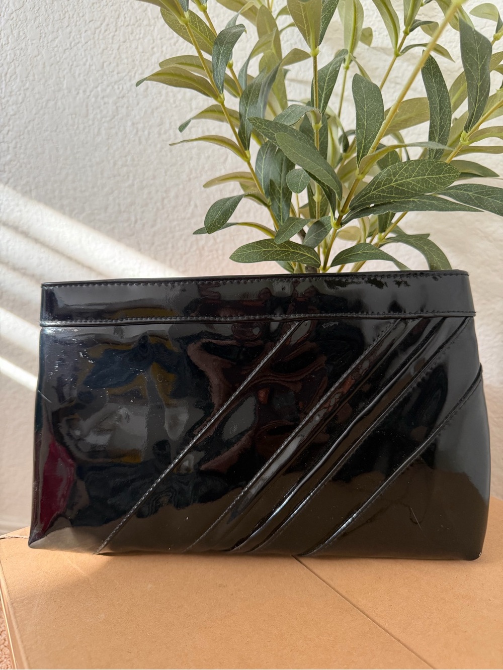 Magid Vintage Black Patent Clutch Evening Bag Glossy Diagonal Stitched